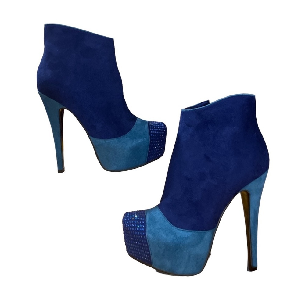 Luichiny Two-Tone Blue Rhinestone High Heel Ankle Boots Booties Size 8.5